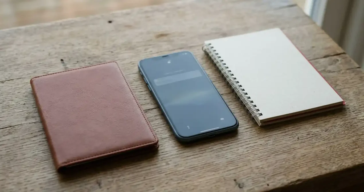 A phone and identification folder beside a blank desk notebook