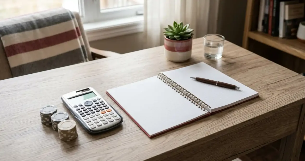 A notebook showing a blank budget grid beside neutral casino tokens