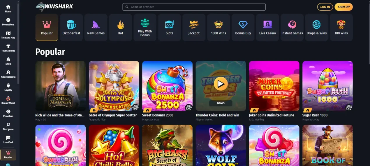 Screenshot of the actual WinShark Casino website showing its game lobby and navigation