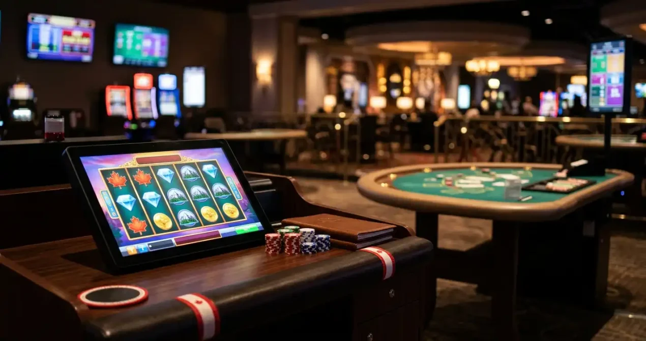 An illuminated studio table beside a digital slot display