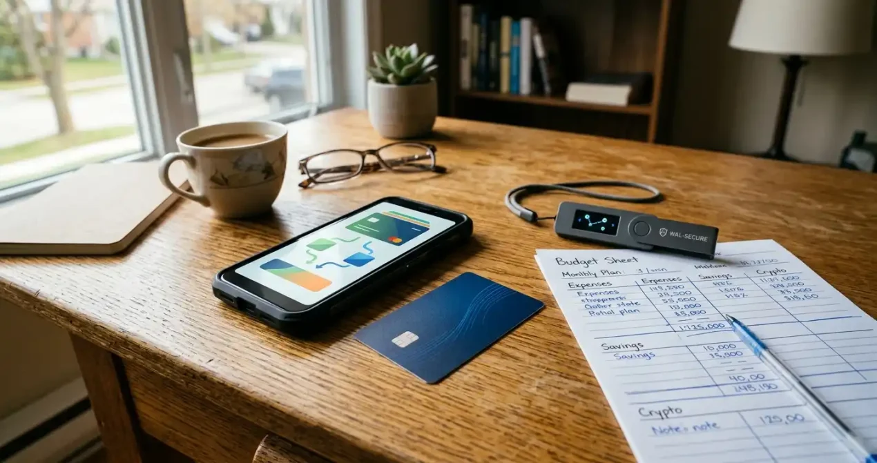 A Canadian payment desk with cards, a phone and a small crypto wallet