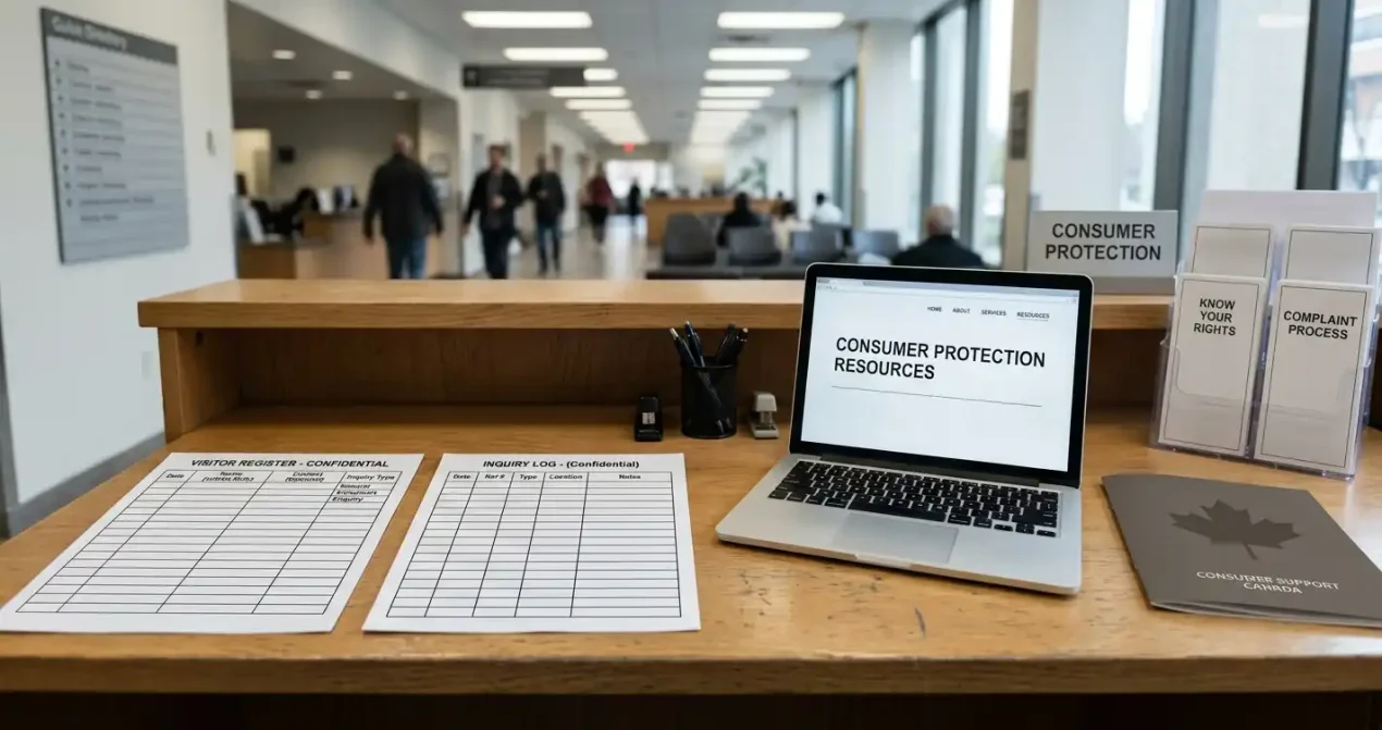 A desk with register papers, a laptop and a muted red folder