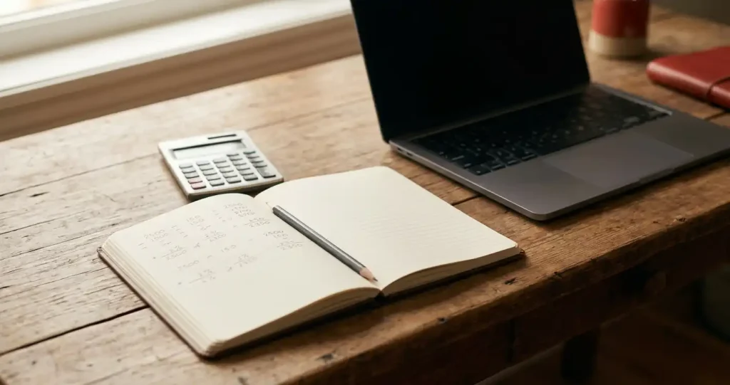 A notebook with handwritten sums beside a calculator and a closed laptop
