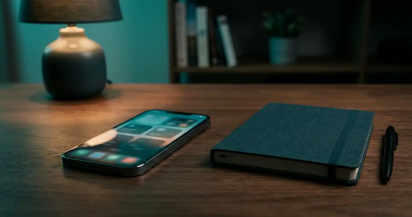A smartphone beside a closed notebook on a softly lit desk